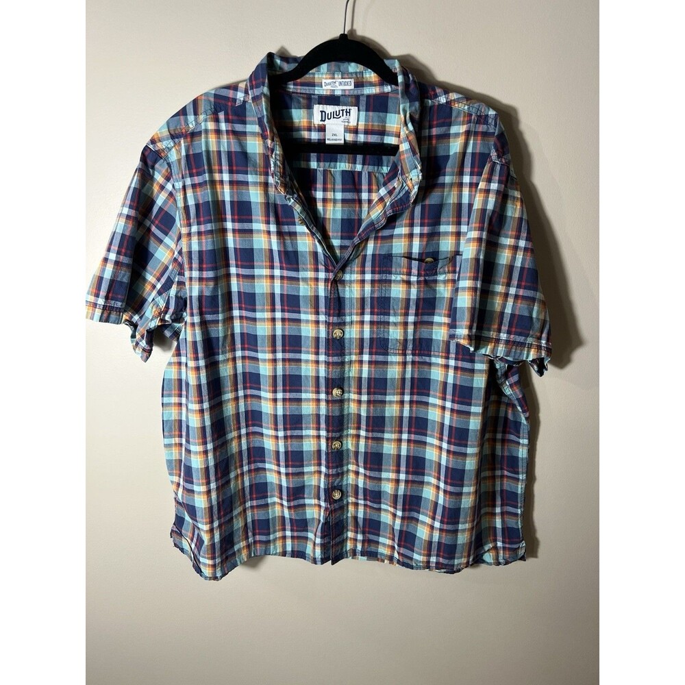 Duluth Men Relaxed Fit Untucked Plaid Blue Short Sleeve Summer Shirt Size 2XL
